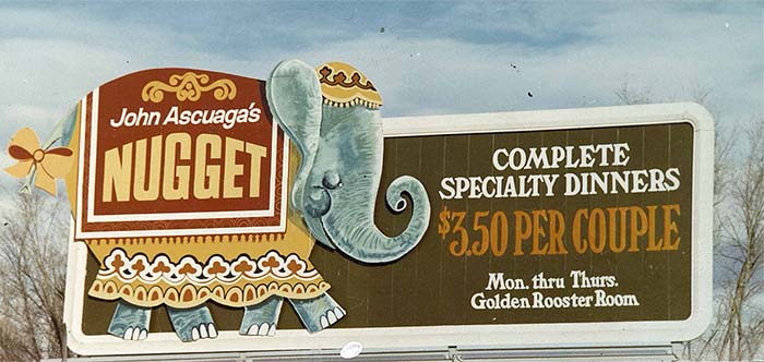 Billboard advertising $3.50 specialty dinners for couples at the Nugget with an illustration of Bertha's likeness