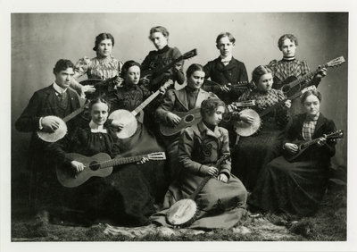 Group of University students with stringed instruments, antique photo