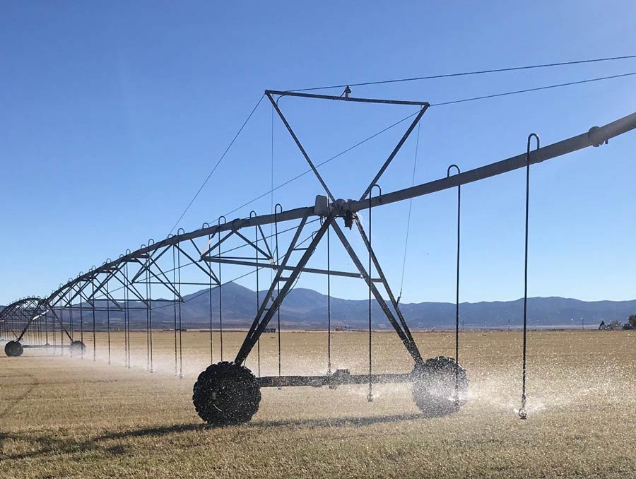 Pivot irrigation system watering a field at the Great Basin Research & Extension Center in Eureka.
