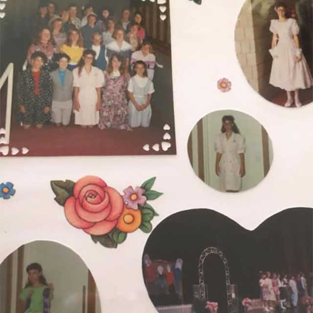 Many photos from the 80s pasted into a scrapbook page decorated with stickers