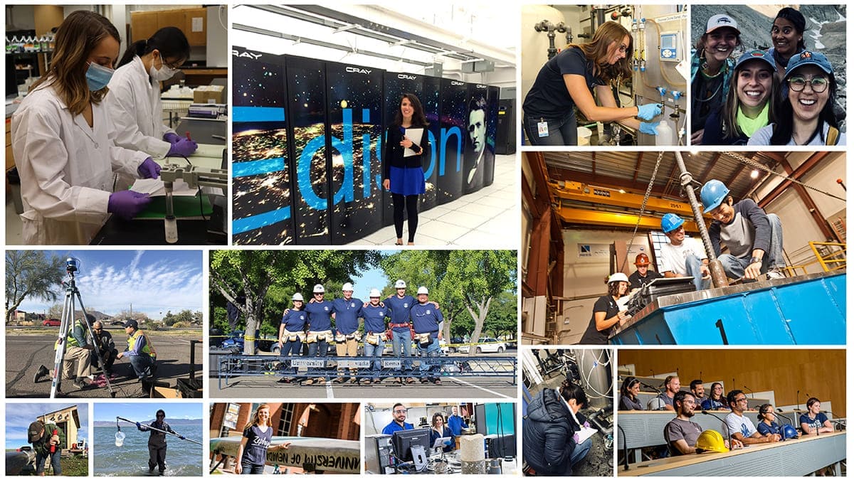 Collage of students in various civil and environmental engineering lab and field environments