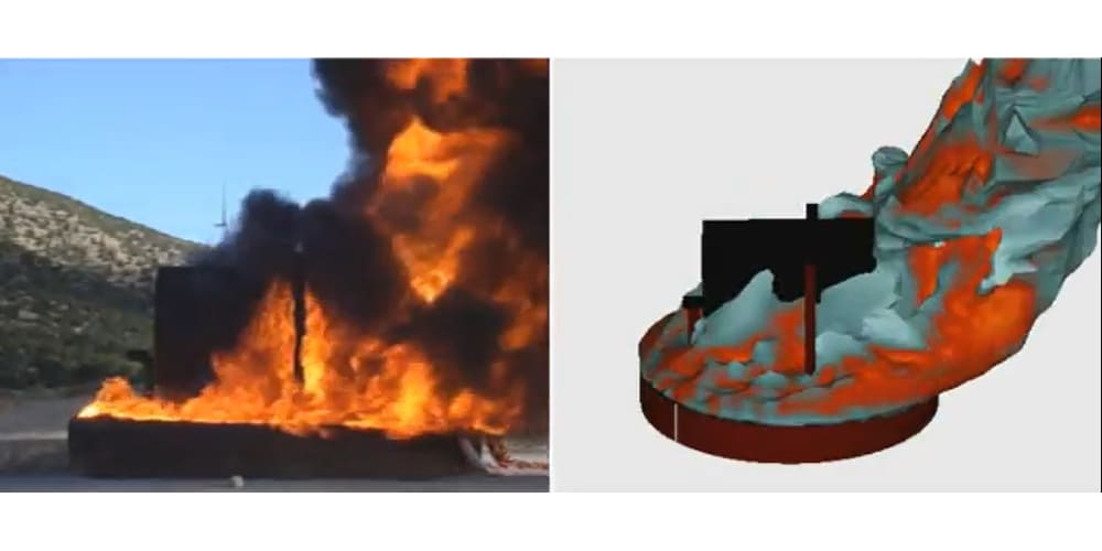 Real massive fire next to a simulation of the same fire