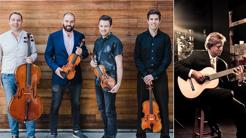 The four members of the Escher Quartet stand next to each other, each holding an instrument. Next to that image is a white line and Jason Vieaux sitting on a chair while playing a guitar.  class=