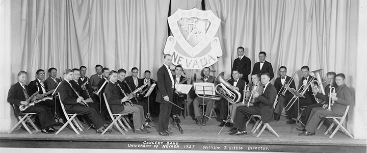 The University of Nevada Concert Band on stage with director William J. Little (circa 1927).