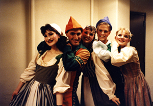 Cast of Kiss Me Kate in costume. From left to right: Carolyn Burrows, Craig Simon, Patty B Simon, Chad D Youngblood and unidentified person (circa 1989).