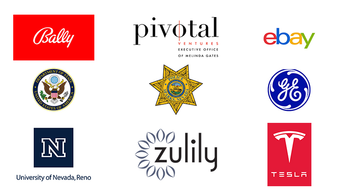 Company logos: Bally, Pivotal Ventures, ebay, Department of State, Sparks Police, GE, University of Nevada, Reno, Zulily, Tesla