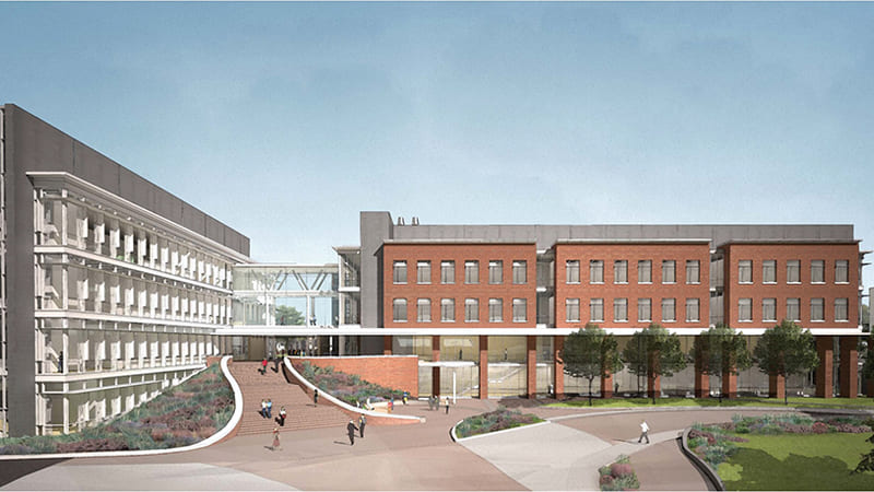 Rendering of the Pennington Engineering building with two wings, one brick and the other gray with a more modern look, with a skywalk connecting both wings