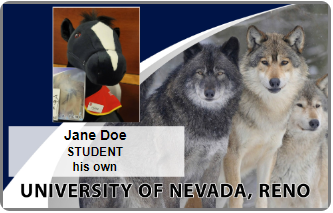 Figure 2. (In-office option.) Wolf pack WolfCard with the user's picture, name and student/faculty type, and pronouns; "University of Nevada, Reno" at the bottom and an image of a pack of wolves.