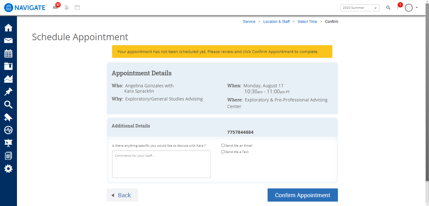 Screenshot of confirmation page in Navigate dashboard with appointment details, location and time, a text box to include comments and fields to set an email or text reminder and a confirmation appointment