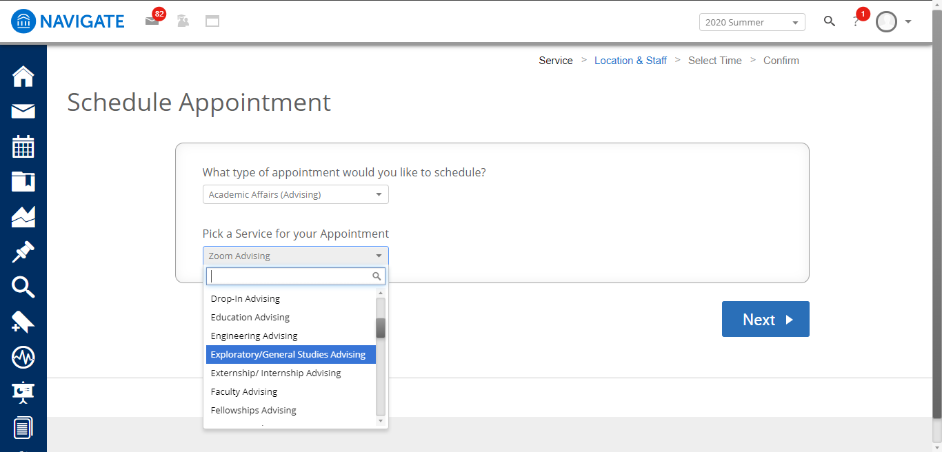 Screenshot of the Navigate dashboard with Pick a Service for your Appointment option with a drop-down menu showing seven different types of advising.