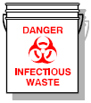 An example of a proper biohazard sign. Appears bright red-orange and features the biohazard symbol alongside the text "DANGER INFECTIOUS WASTE".