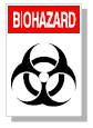 An example of a proper biohazard sign. Appears bright red-orange and features the biohazard symbol alongside the text "BIOHAZARD".