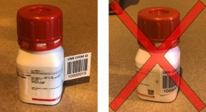 Chemical container with a correctly attached RFID barcode versus one with an incorrectly attached barcode