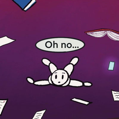 A crop of Abigail's drawing that shows a cartoon-style person falling along with notes and books, saying "Oh no..."