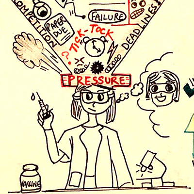A crop of Ria's drawing which shows a researcher carrying out her duties with integrity, despite the pressure depicted in her head.