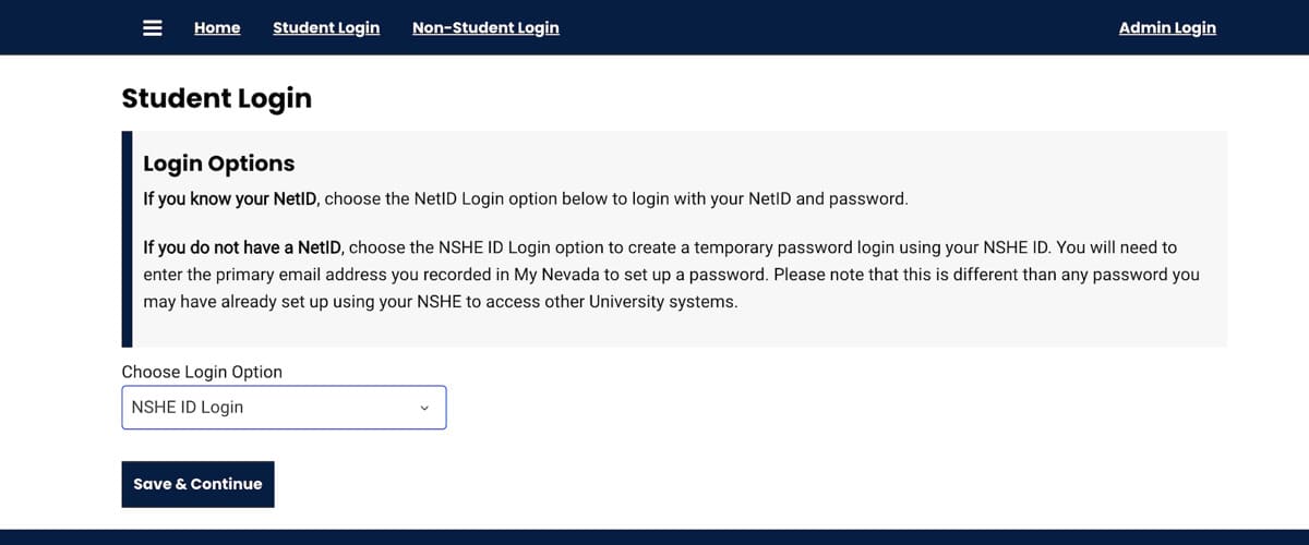 Screenshot of student login page with drop down menu allowing users to select login with an NSHE ID or login with a NET ID.