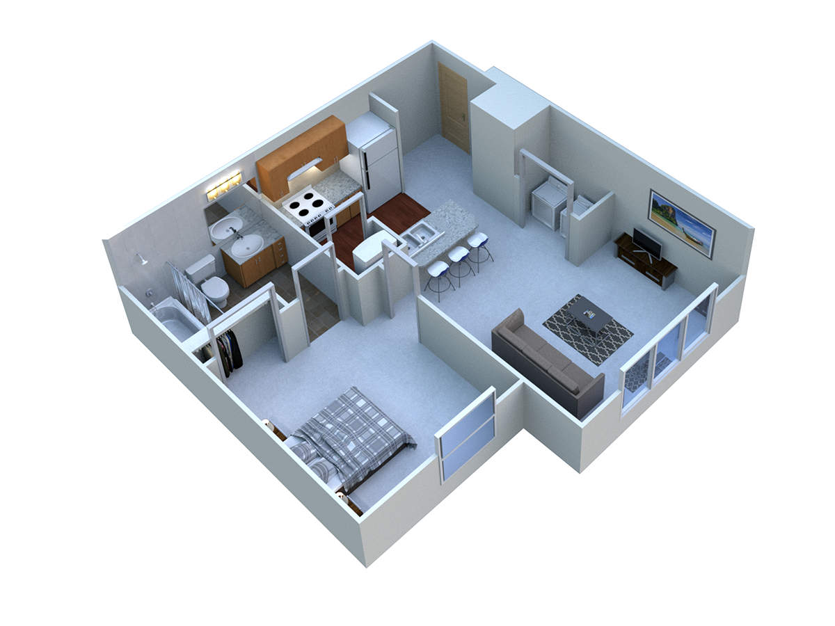  3D model rendering of the one bedroom, one bath floor plan at Ponderosa Village.