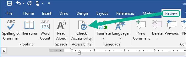 Screen clipping of the Word interface with the Review tab circled and an arrow pointing to the Check Accessibility option.