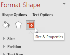 Screen clipping of the Format Shape dialog box with the cursor arrow hovering over Size & Properties showing the tool tip text.