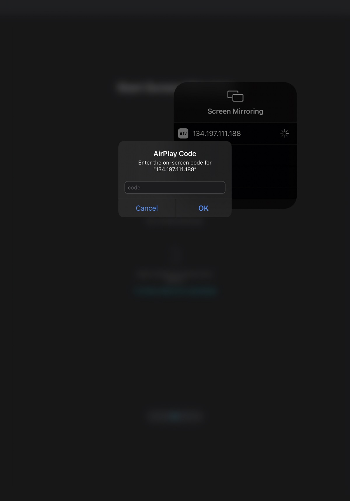 Screenshot of the AirPlay Code entry interface in iOS, prompting for the entry of the 4-digit code that matches the IP address selected in the previous step.