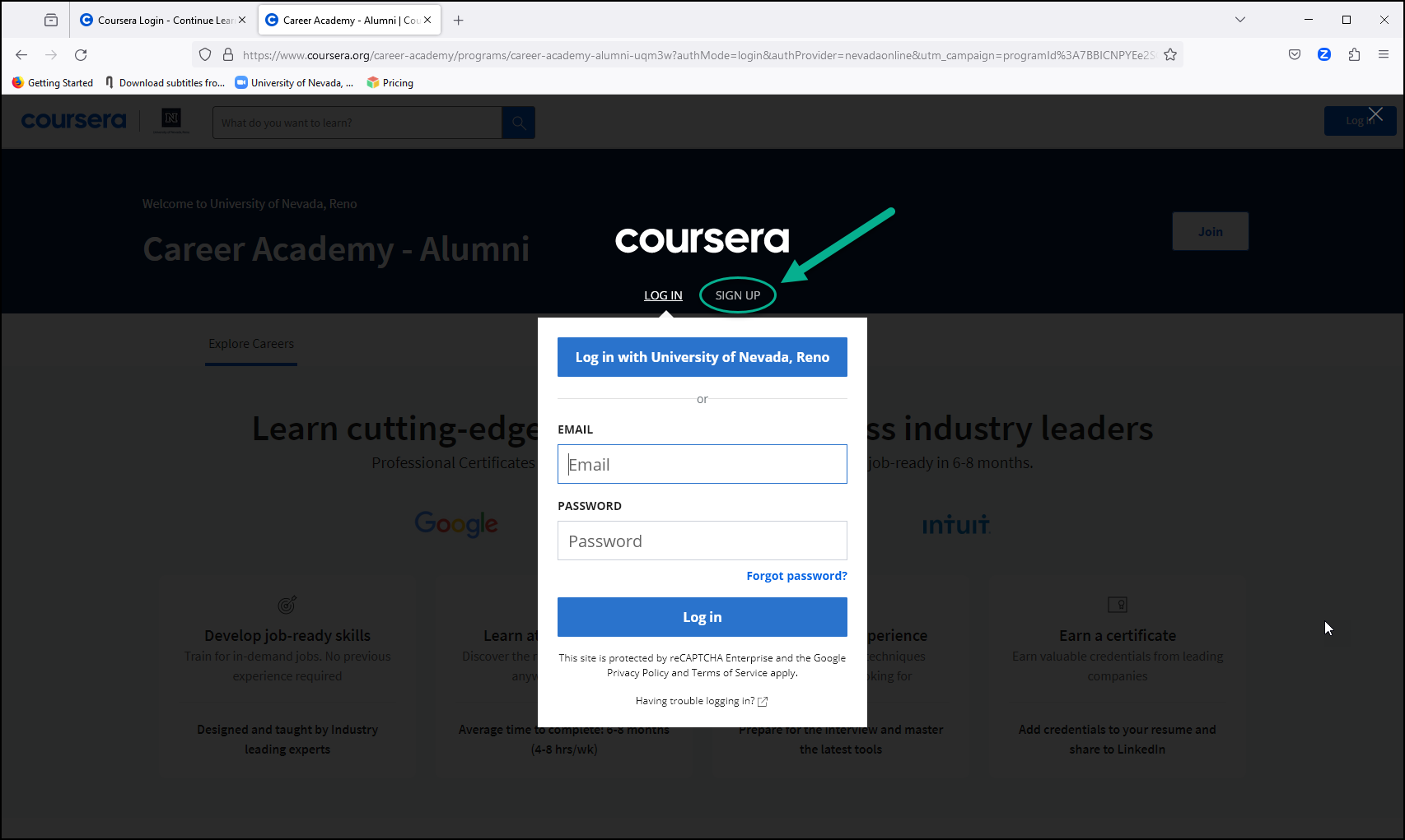 Screen shot of the UNR Coursera interface showing “Login” pop-up. Sign up link is circled and has an arrow pointing to it. 