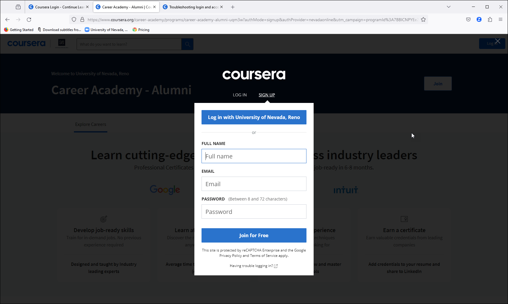 Screen shot of the UNR Coursera interface showing “Sign Up” pop-up.