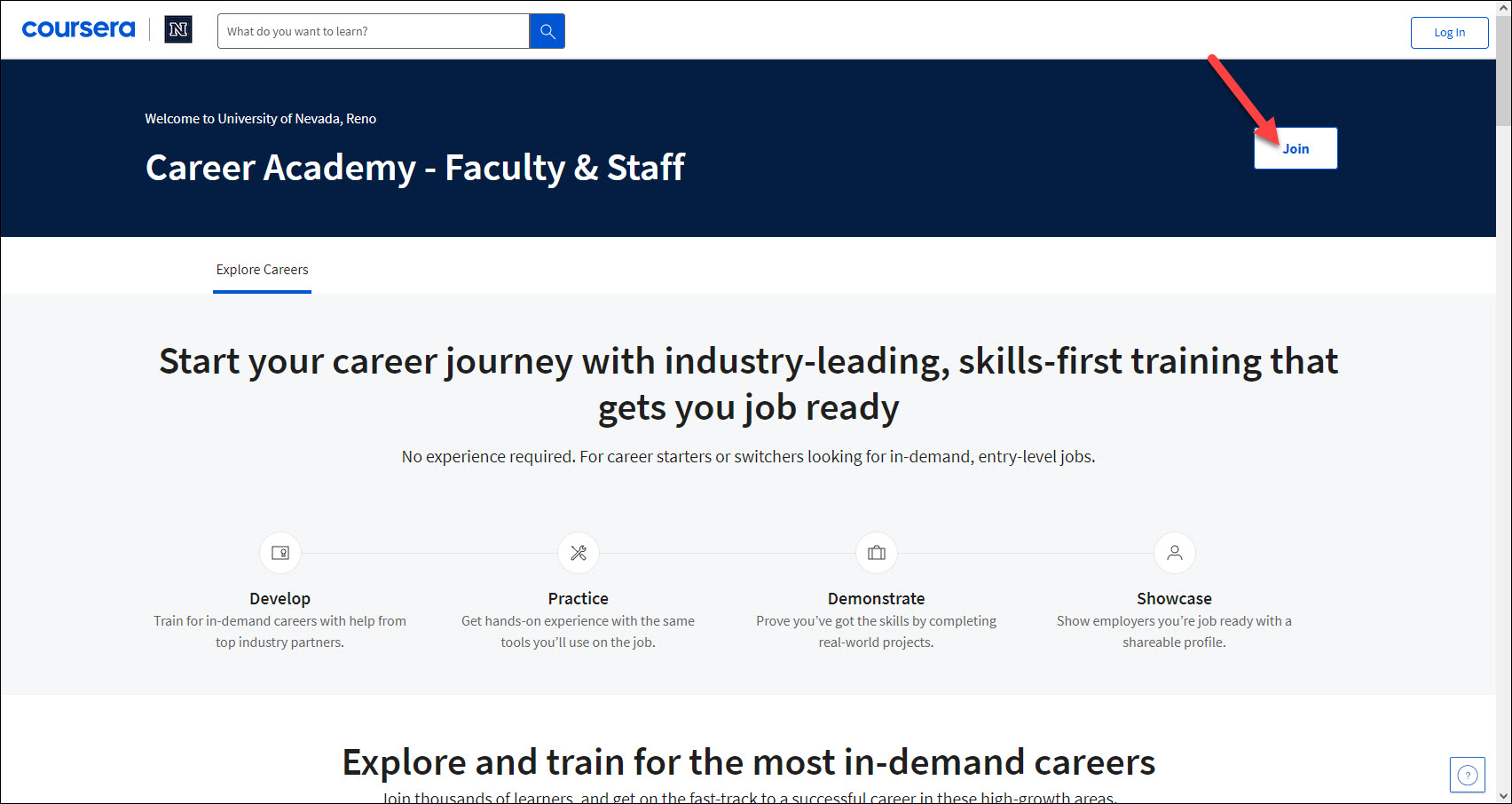 Screen shot of UNR Coursera Career Academy – Faculty & Staff home page. An arrow highlights the Join button.