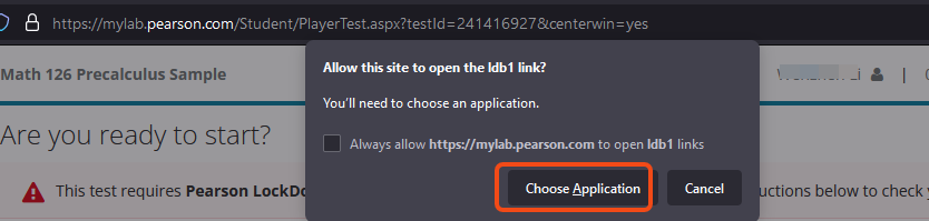 Screenshot of a pop-up message asking to choose an application