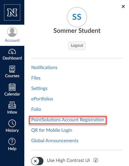 Screenshot of the “Global Navigation Menu” in WebCampus. The Account icon/link is activated, and the “Turning Account Registration” link is highlighted.
