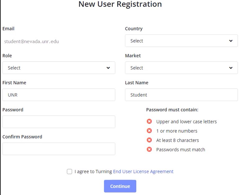“New User Registration” page. Includes fields: Email, Role, First Name, Last Name, Password, Confirm Password, Country and Market; text: Password must contain upper and lower case letters, 1 or more numbers and at least 8 characters; checkbox to agree to End User License Agreement; Continue button.