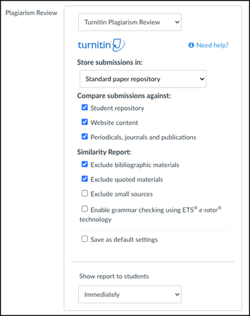 Screenshot of Turnitin submission settings.