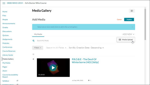Screen clipping of the Media Gallery page in WebCampus. The "Add New" drop-down menu is activated and "Media Upload" is selected.