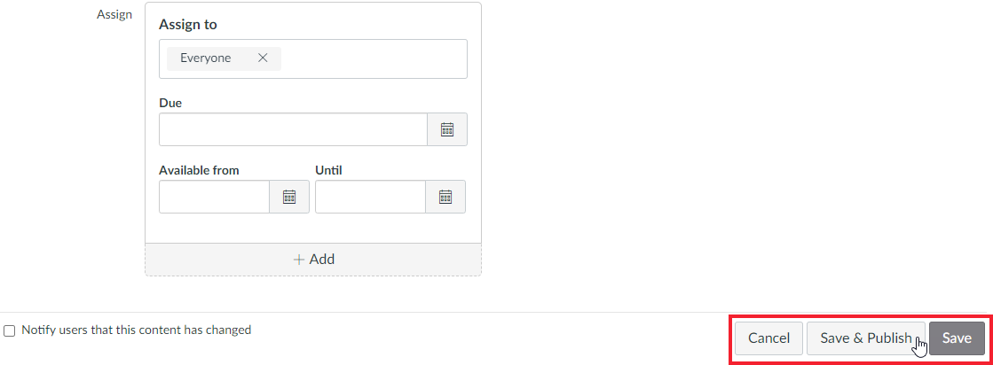 Screenshot of the Edit Assignment screen in WebCampus with the Cancel, Save & Publish and Save buttons highlighted.