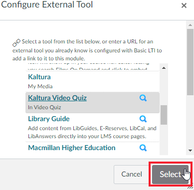 Screenshot of the Configure External Tool pop-up window. The Select button is highlighted.