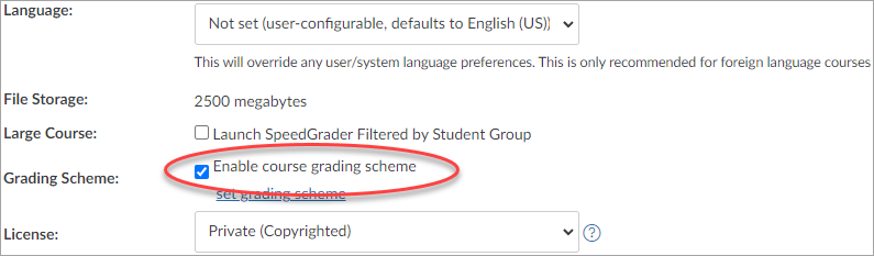 WebCampus settings page showing “Language,” “File Storage,” “Large Course,” “Grading Scheme” and “License” sections and associated options for each. Next to the “Grading Scheme” section, the option for “Enable course grading scheme” has been highlighted