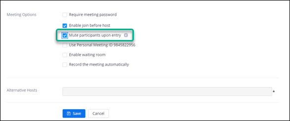 Screen clipping of the Meeting Options area of the Zoom new meeting creation interface. Options “Enable join before host,” and “Mute participants upon entry” are selected. The option “Mute participants upon entry” is highlighted.