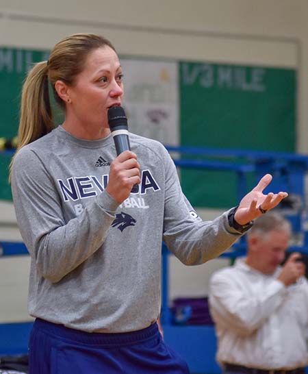 Amanda Levens at Clayton Middle School Wolf Pack Women's Basketball Coach Amanda Levens address the Clayton Middle School student body