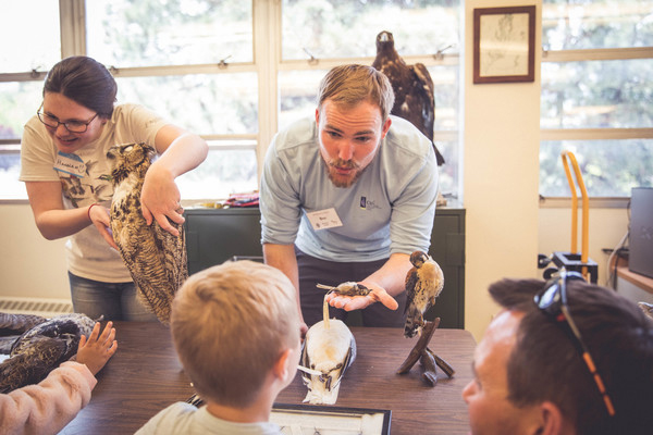 Museum volunteer Hannah Sonnenberg with husband and graduate student Ben Sonnenberg share some of the many artifacts housed at the Museum of Natural History with visiting children and their parents during the University's 2018 Day at the Museum event.