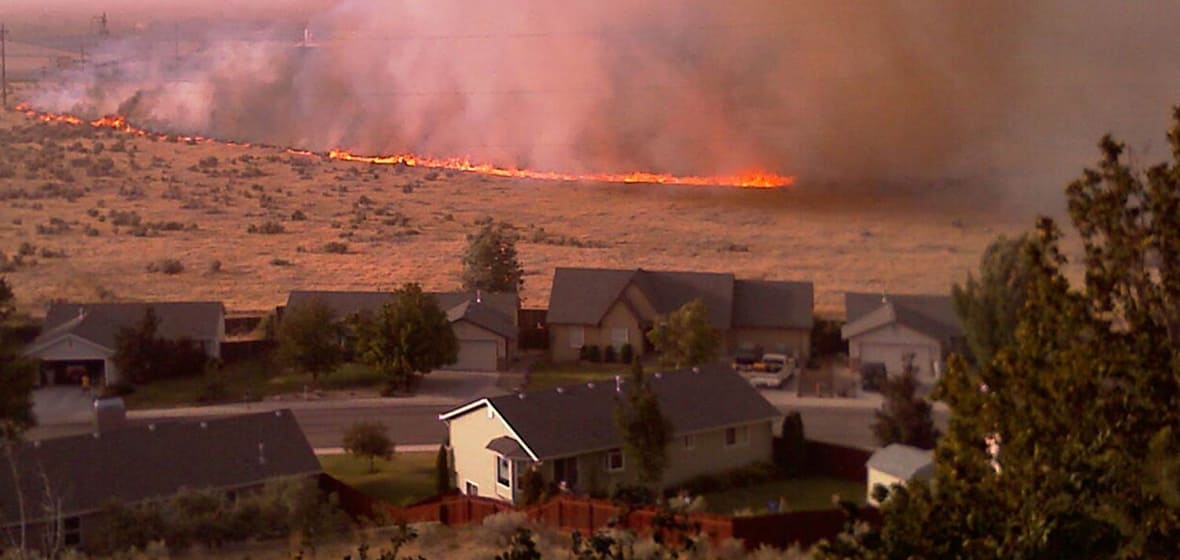 A wildfire raging on a hill near a suburban neighborhood