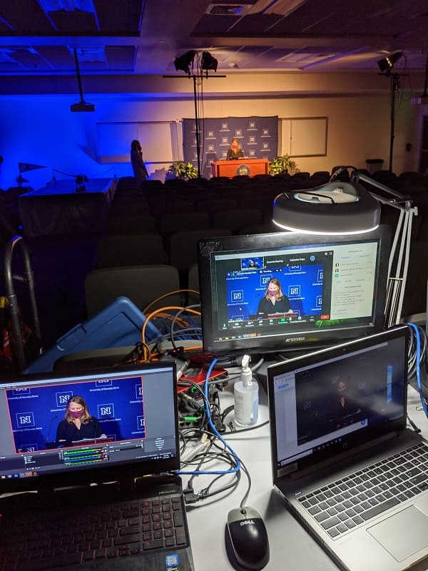 The William N. Pennington Engineering Building Opening Rehearsal from the viewpoint of the mobile broadcast studio built by the @One Events and Production team.