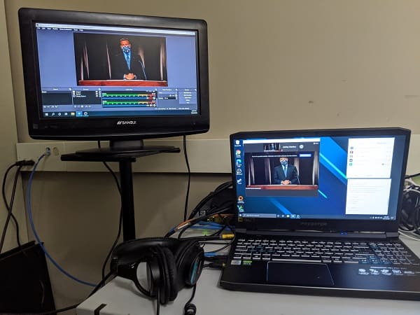 Main streaming computer viewpoint of President Sandoval hosting the 2020 Virtual Homecoming Alumni Awards Celebration. 