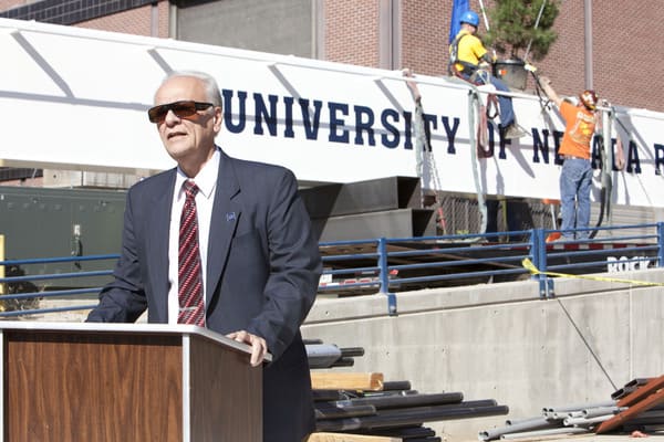 Engineering Dean Manos Maragakis presides over the "topping off" ceremony 