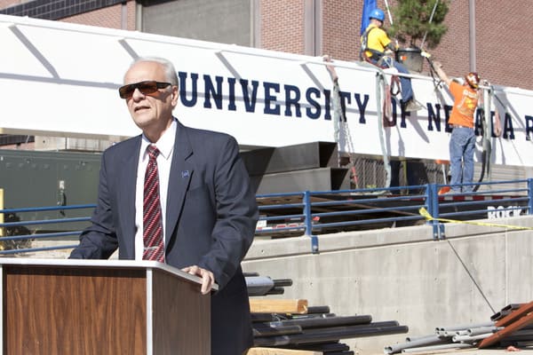 Engineering Dean Manos Maragakis presides over the "topping off" ceremony