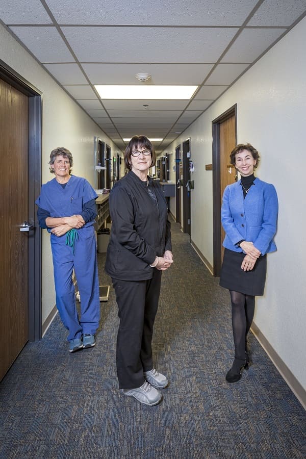 The SHC clinical leadership team includes from left: Carol Scott, M.D. ’91, assistant director; Joanne McGee, R.N., nurse supervisor and Cheryl Hug-English, M.D. ’82, medical director.