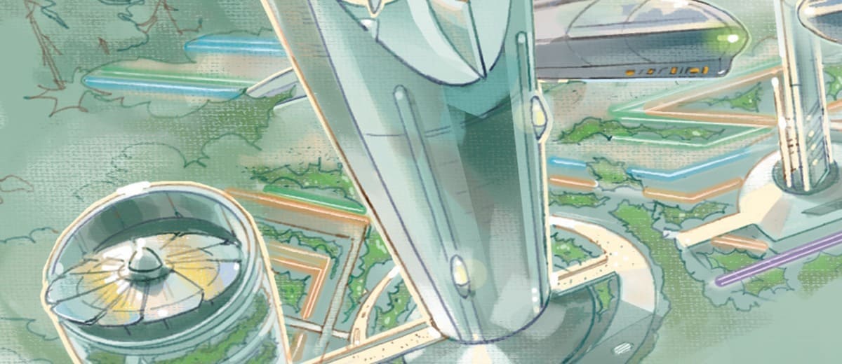 An illustration of a futuristic city's wind turbines