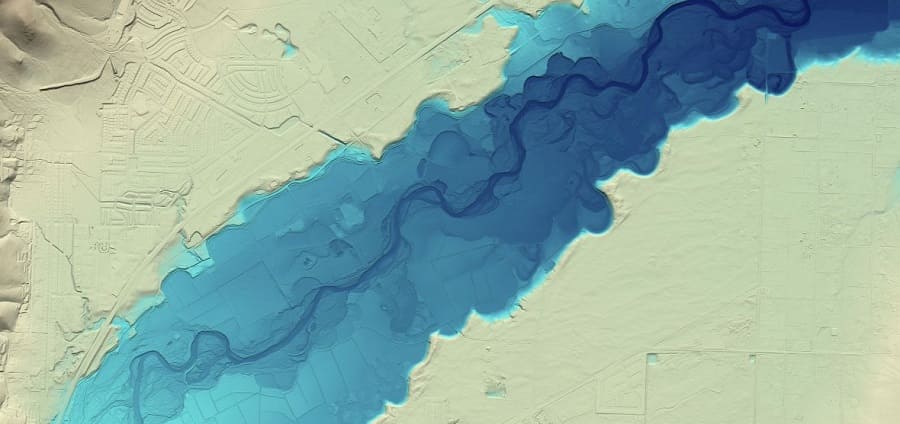 The East Carson River flood plain as modeled by LIDAR. Streets are just visible in the desert sections, and the river can be seen snaking through the flood plain.