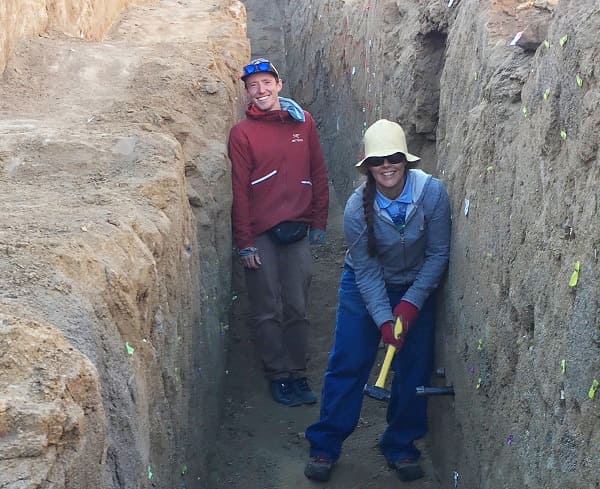 Two geologists in the cleared out trench of the Ridgecrest fault