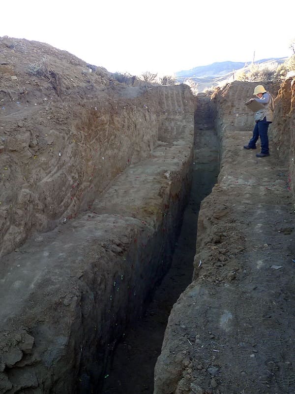 A geologist standing in the cleared out trench of the Ridgecrest fault