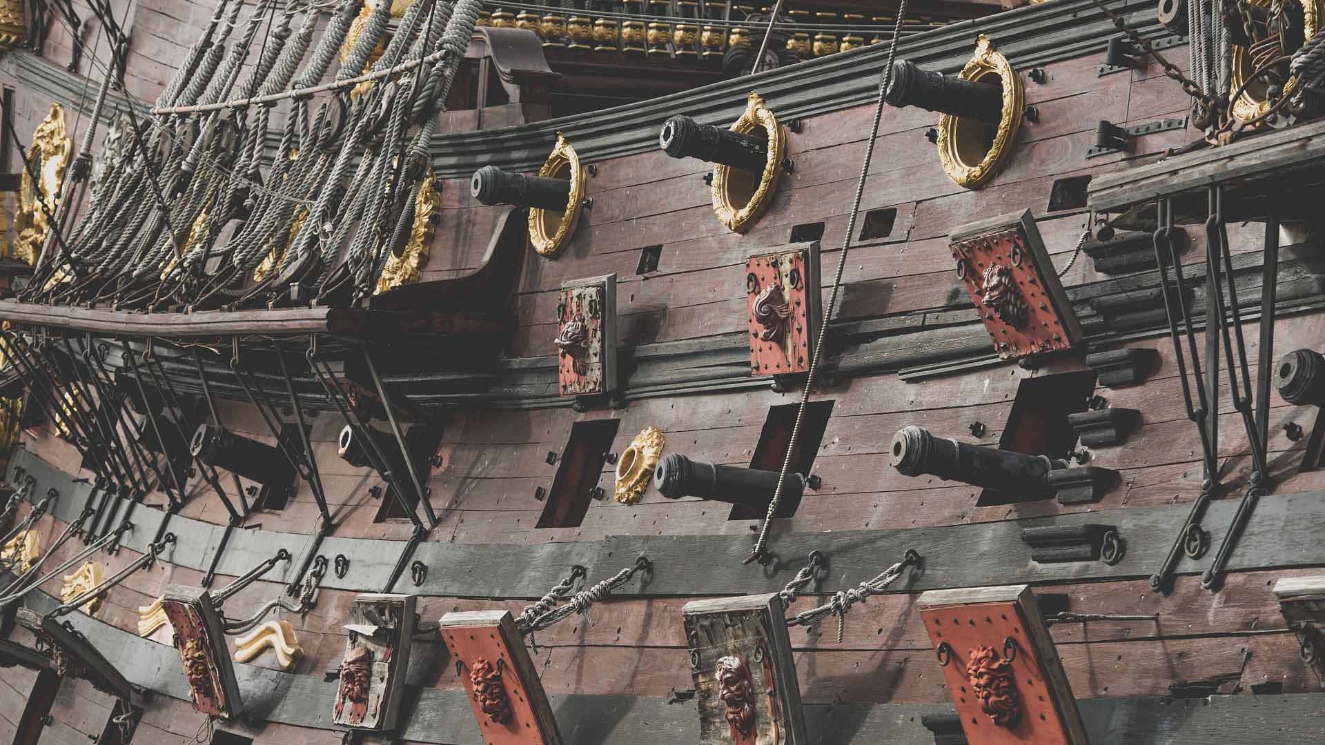 Cannons sticking out from the side a Spanish galleon sailing ship