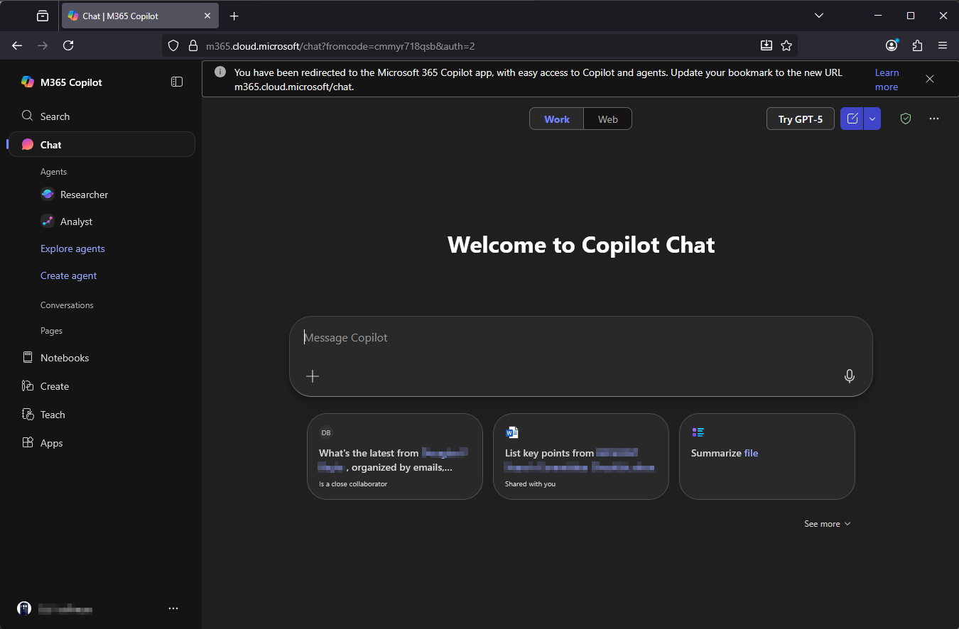 Screenshot of the Microsoft Copilot chat web interface showing user logged into the university&rsquo;s Copilot instance.